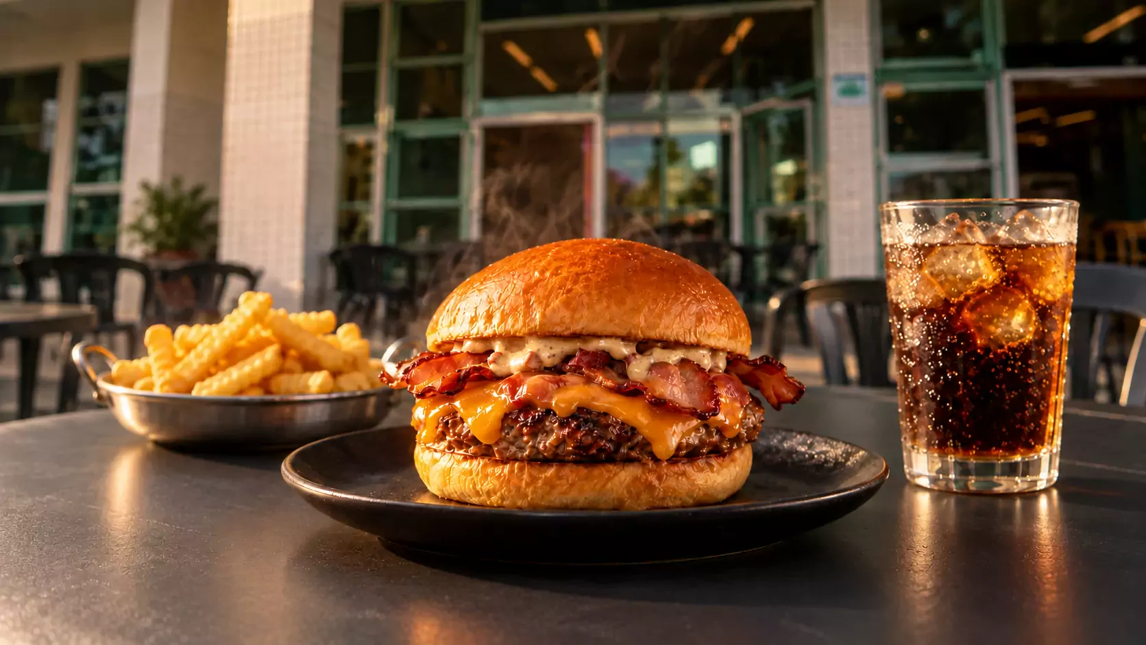 Composição ilustrativa do American Burger, fritas e refrigerante. Área externa reconstruída a partir de foto da Filomena.